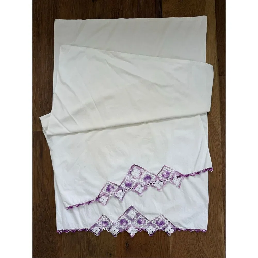 2 Vintage Queen Size Pillowcases Purple Crochet Lace Detail 34” x 20”
